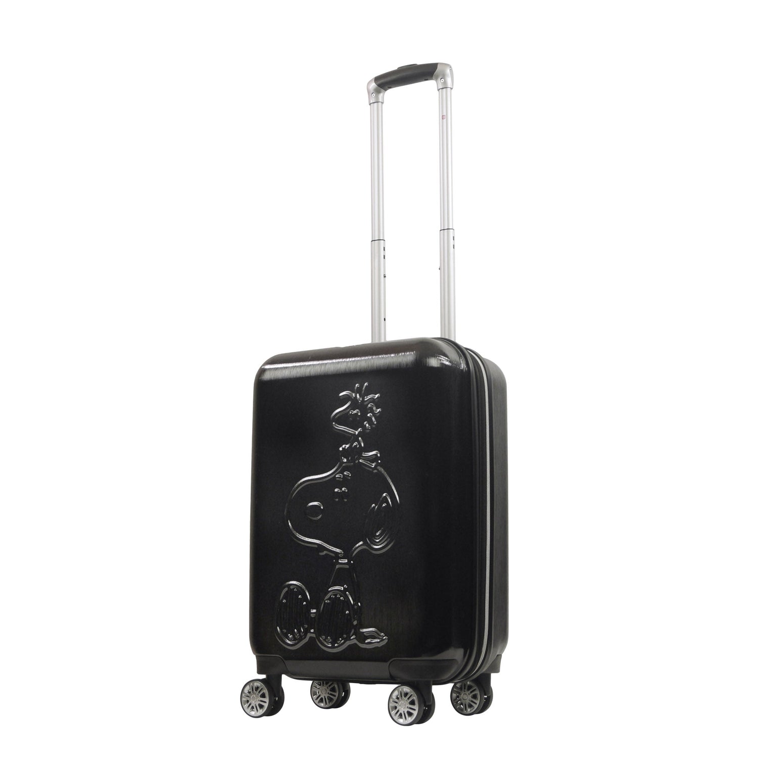Snoopy and Woodstock embossed on a black carry-on spinner suitcase front view