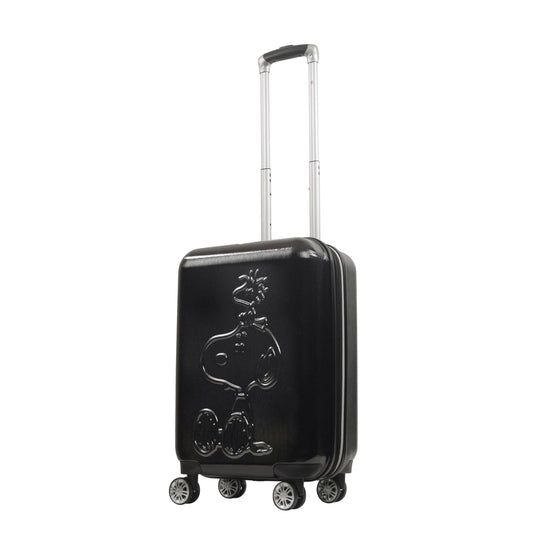 Snoopy and Woodstock embossed on a black carry-on spinner suitcase front view-0