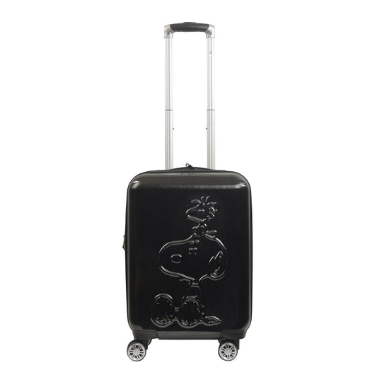 Snoopy and Woodstock embossed on a black carry-on spinner suitcase front view-2