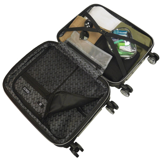 Snoopy and Woodstock embossed on a black carry-on spinner suitcase front view-3