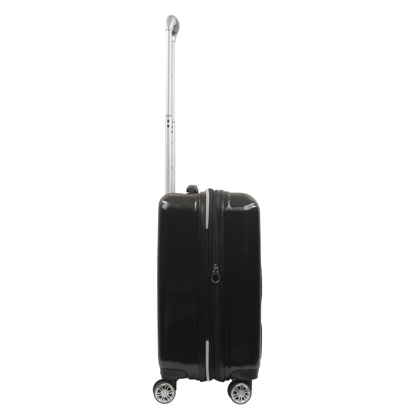 Detail view of the silver hardware and expandable zipper gusset on black suitcase