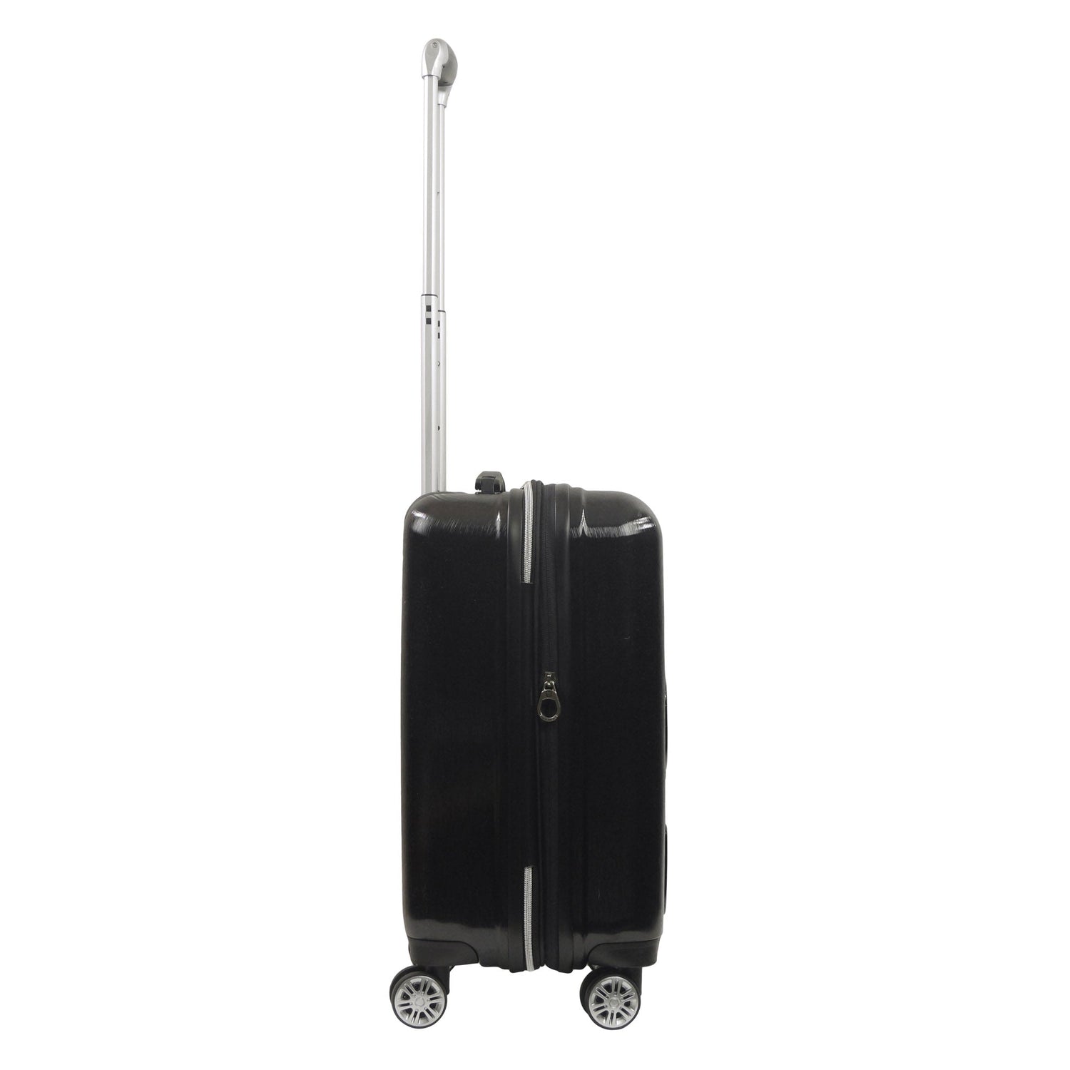 Detail view of the silver hardware and expandable zipper gusset on black suitcase