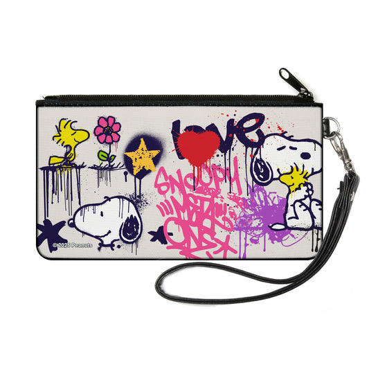 Canvas Zipper Wallet - SMALL - Peanuts Snoopy and Woodstock Graffiti Collage White/Multi Color-0