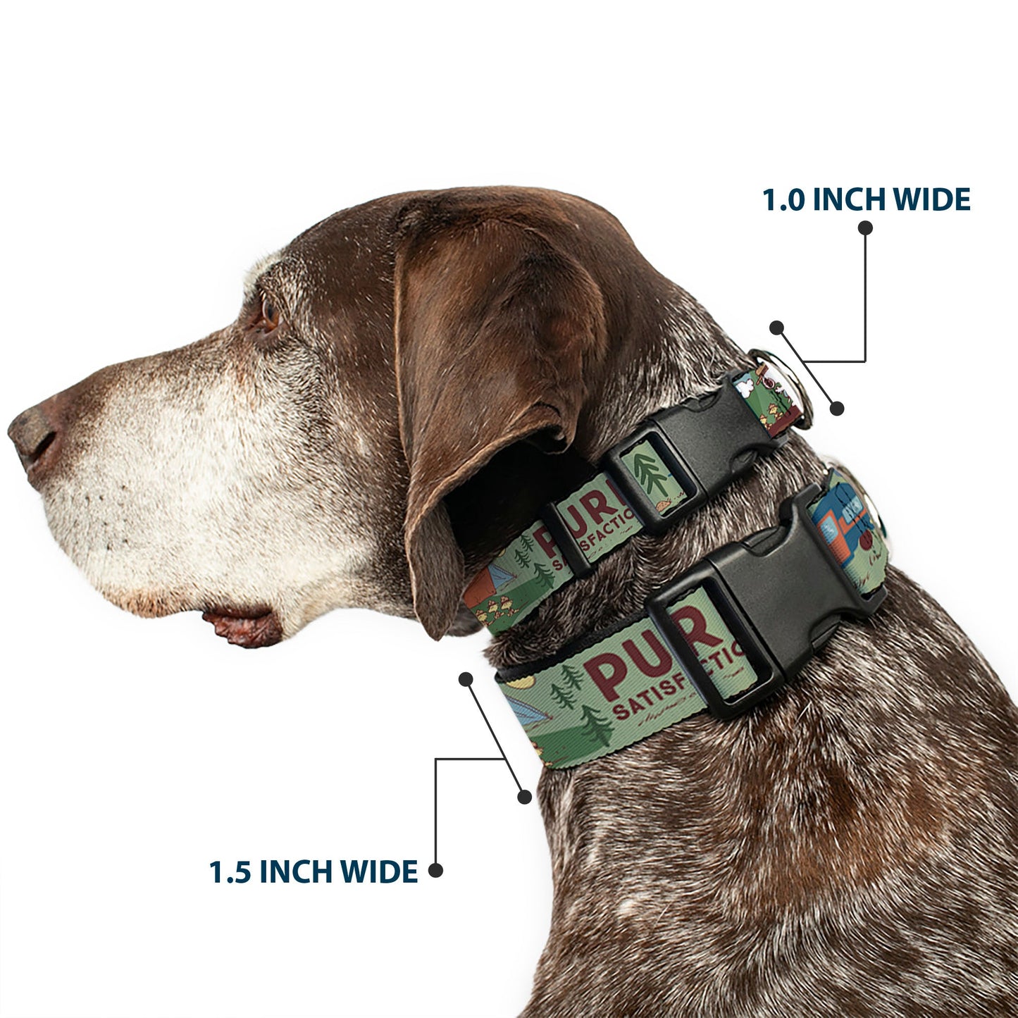 This Peanuts Store plastic clip collar features vibrant HAPPY CAMPER BEAGLE SCOUTS scenes.