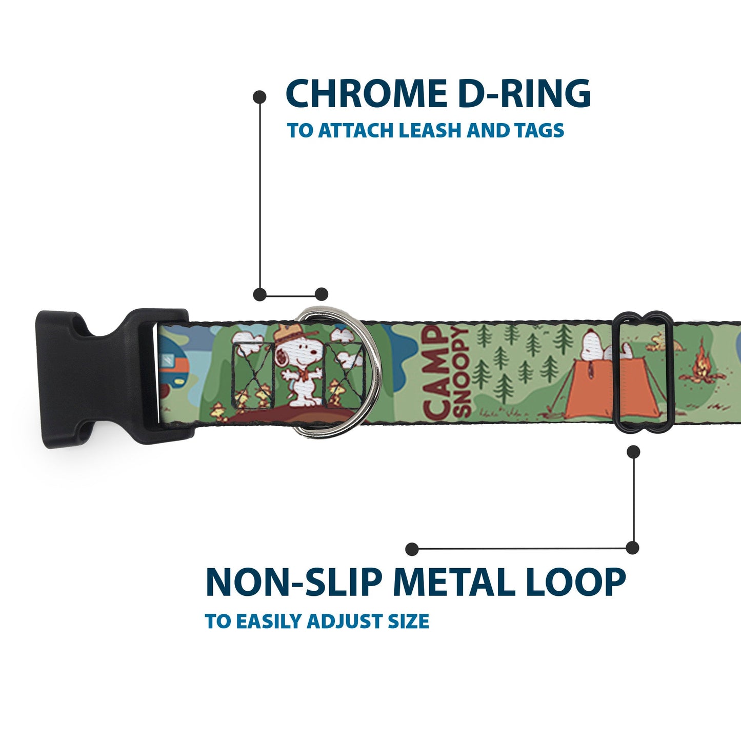 This Peanuts Store plastic clip collar features vibrant HAPPY CAMPER BEAGLE SCOUTS scenes.
