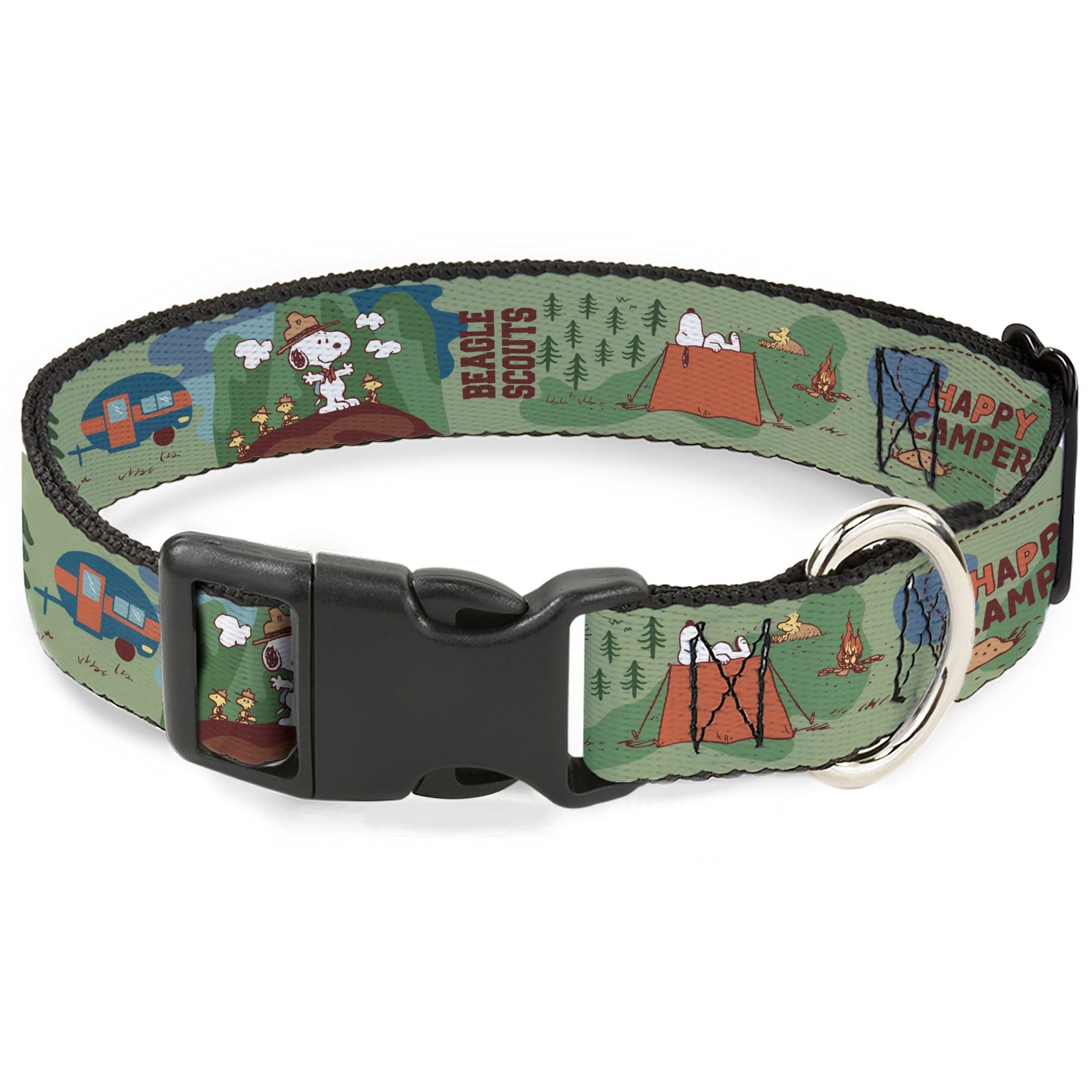 This Peanuts Store plastic clip collar features vibrant HAPPY CAMPER BEAGLE SCOUTS scenes.