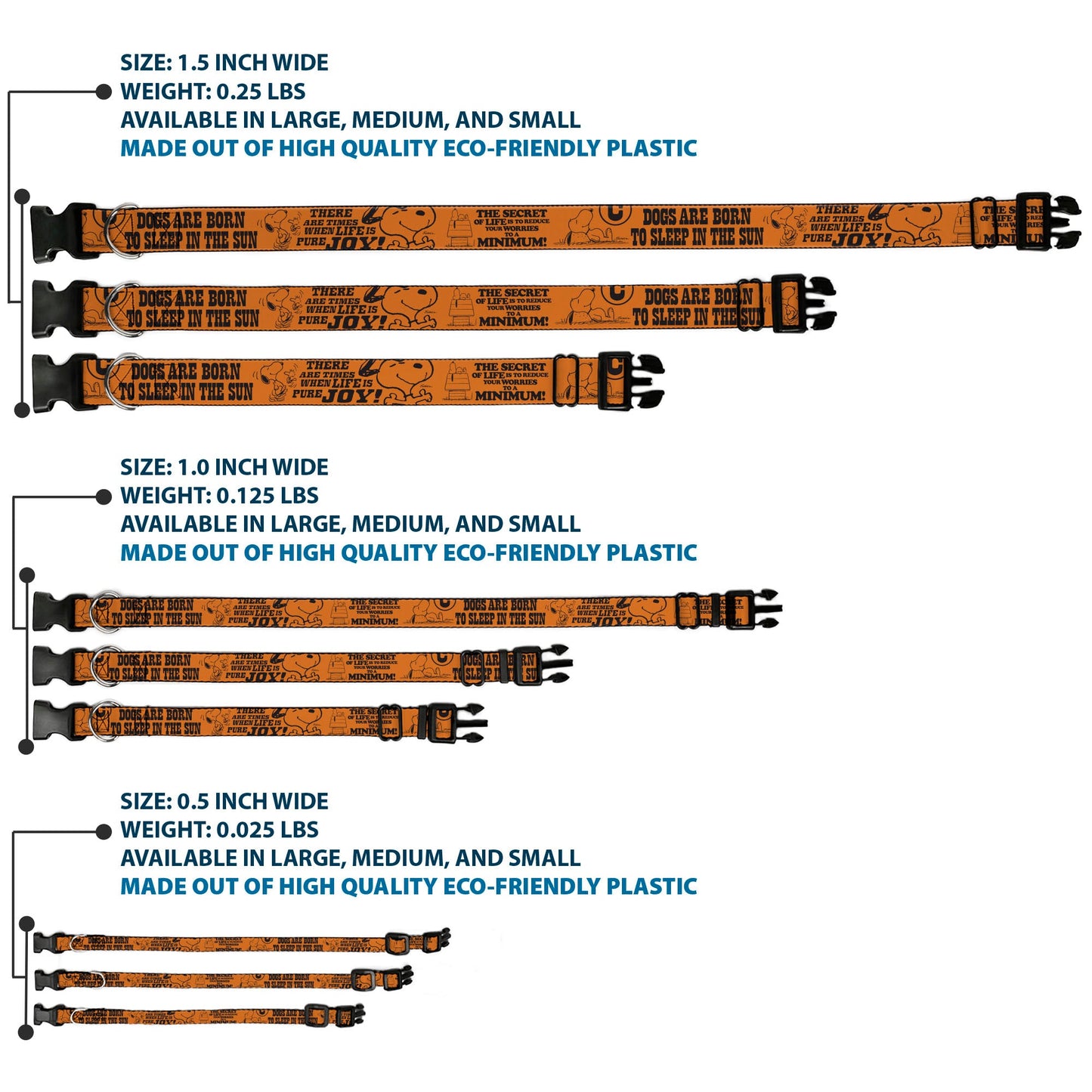 Snoopy Poses and Quotes Plastic Clip Dog Collar - Orange/Black