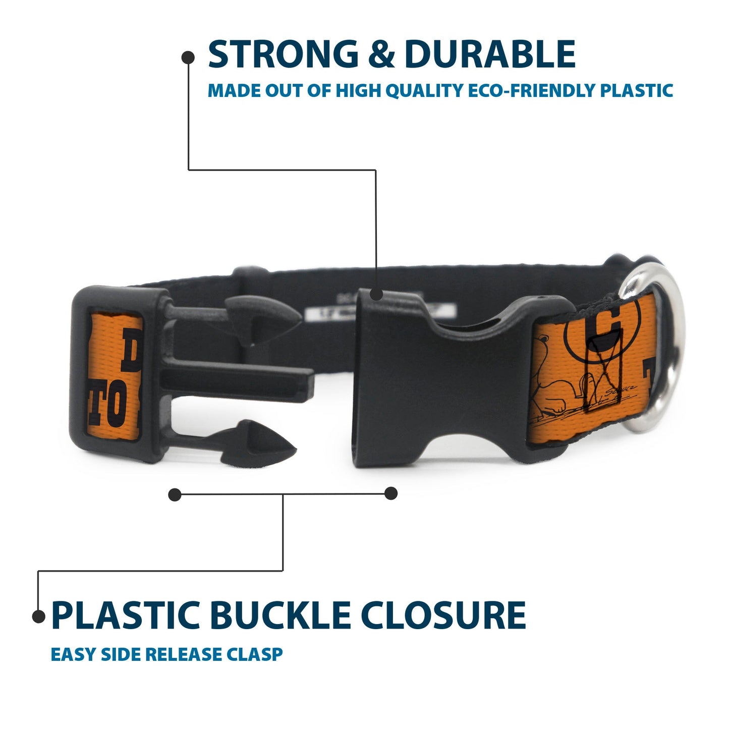 Snoopy Poses and Quotes Plastic Clip Dog Collar - Orange/Black