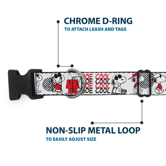 Plastic Clip Collar - Peanuts JOE COOL Snoopy Poses and Text Gray/Black/Red/White-4