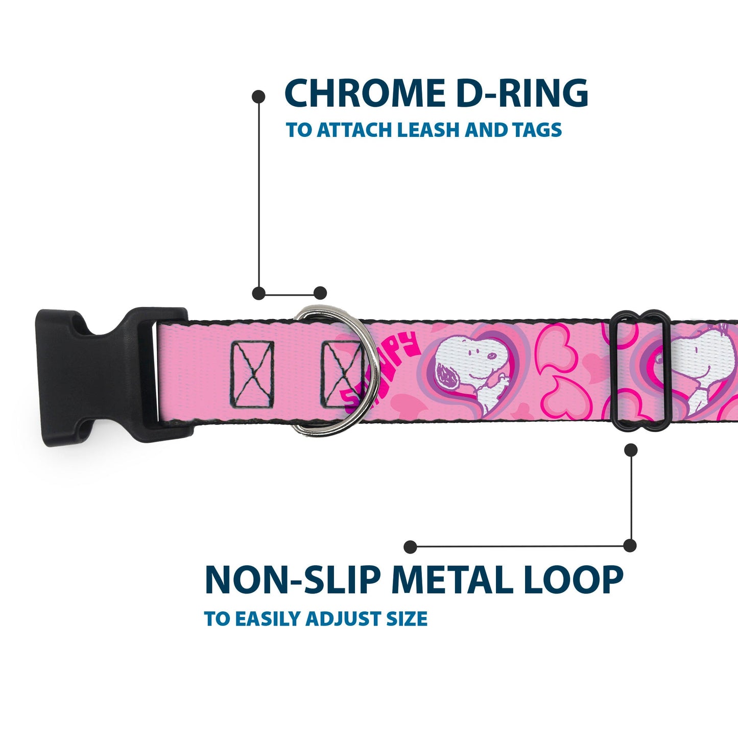 Plastic Clip Collar - Peanuts Snoopy Valentine Hearts Pose and Text Pinks/Lavenders