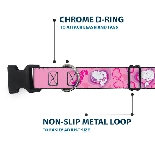 Plastic Clip Collar - Peanuts Snoopy Valentine Hearts Pose and Text Pinks/Lavenders-4