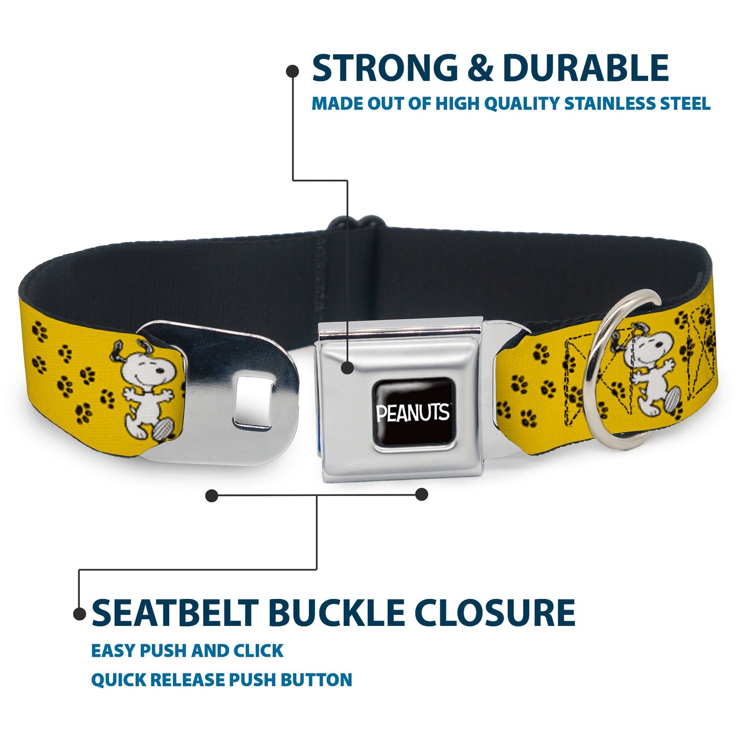 Peanuts Dog Collar: Snoopy Paw Print Seatbelt Buckle.