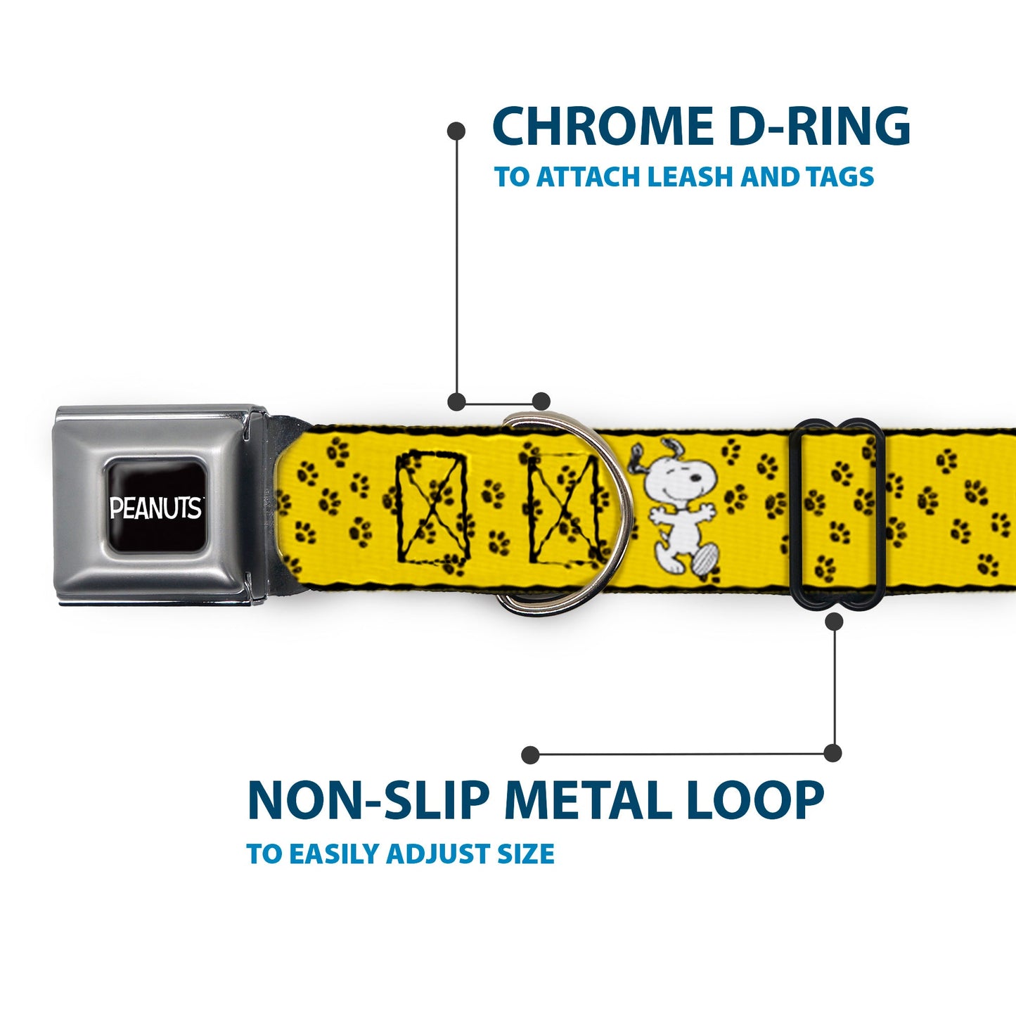 Peanuts Dog Collar: Snoopy Paw Print Seatbelt Buckle.