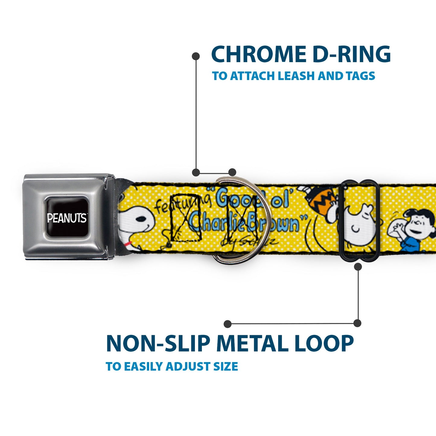 Peanuts dog collar with Charlie Brown seatbelt buckle from The Peanuts Store.