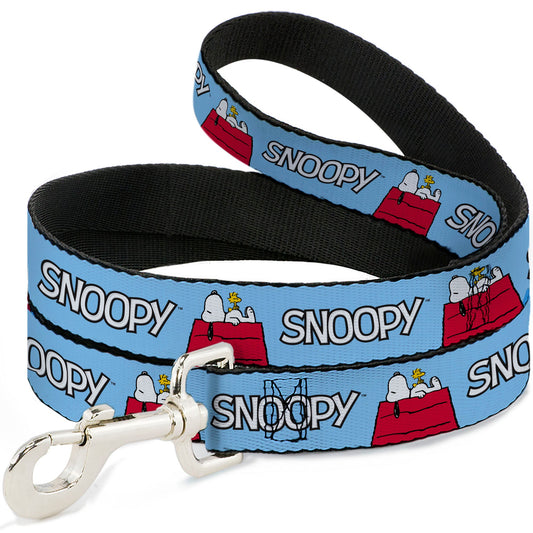 Dog Leash - Peanuts Snoopy and Woodstock Dog House Pose and Text Sky Blue-0