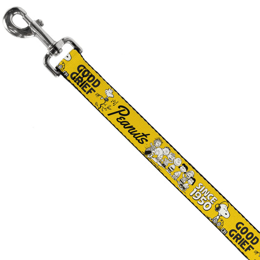 Yellow Peanuts dog leash featuring a group pose of Charlie Brown, Snoopy, Lucy, and the gang.-1