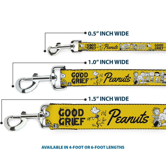 Yellow Peanuts dog leash featuring a group pose of Charlie Brown, Snoopy, Lucy, and the gang.-2
