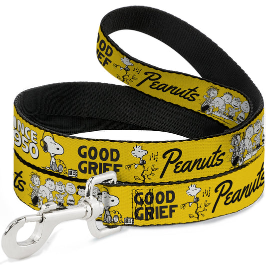 Yellow Peanuts dog leash featuring a group pose of Charlie Brown, Snoopy, Lucy, and the gang.-0