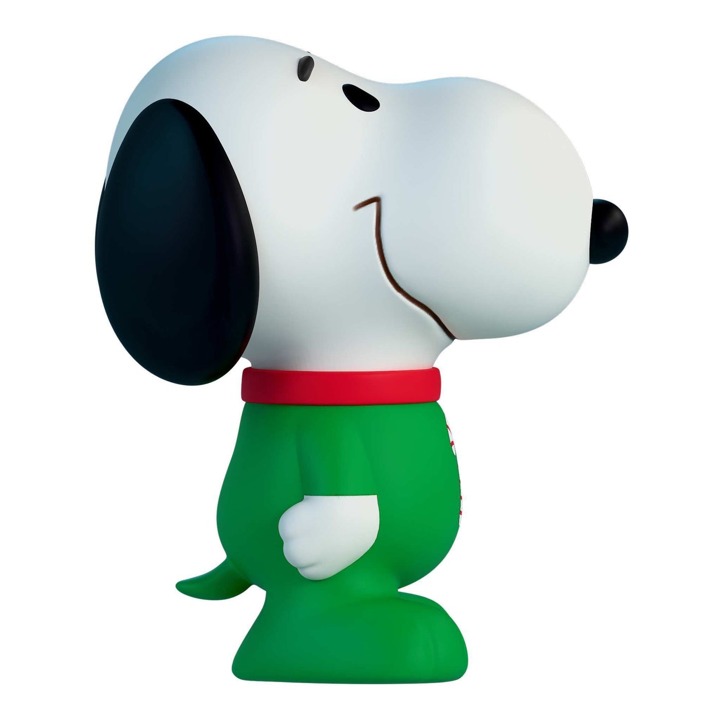 Close up of Snoopy's face and festive pajama collar detail