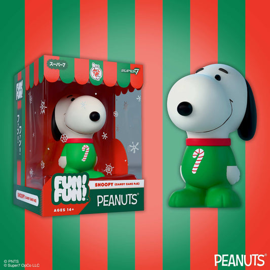 Snoopy seated figure wearing red and white candy cane striped pajamas-1