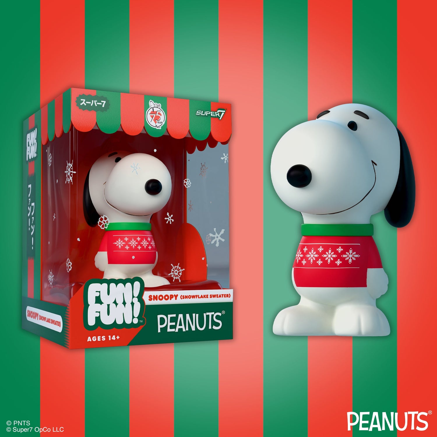Close up of festive Snoopy collectible figure in winter attire