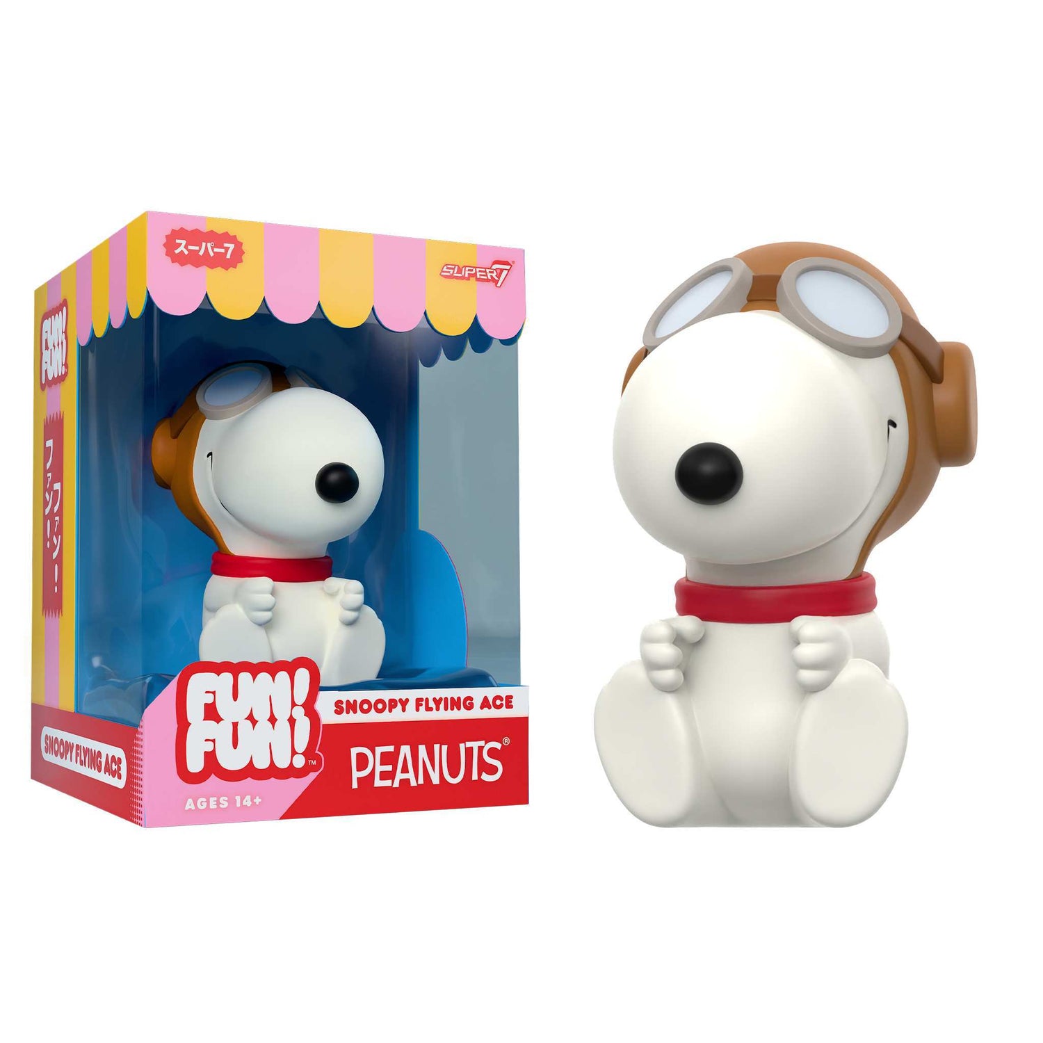 Collectible figure of Snoopy as the Flying Ace wearing pilot goggles and a scarf on his red doghouse