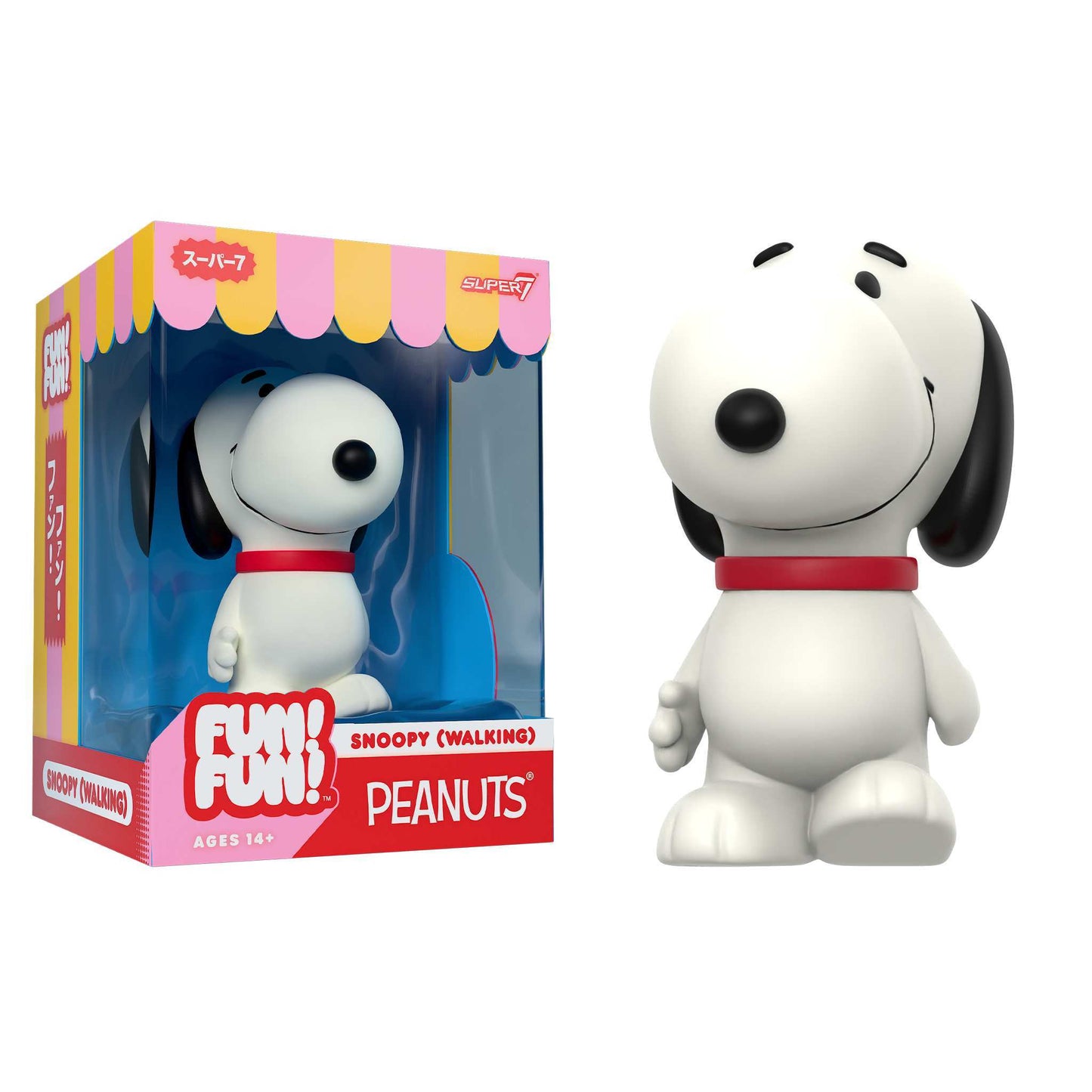Collectible figure of Snoopy walking in a cheerful pose on a neutral background