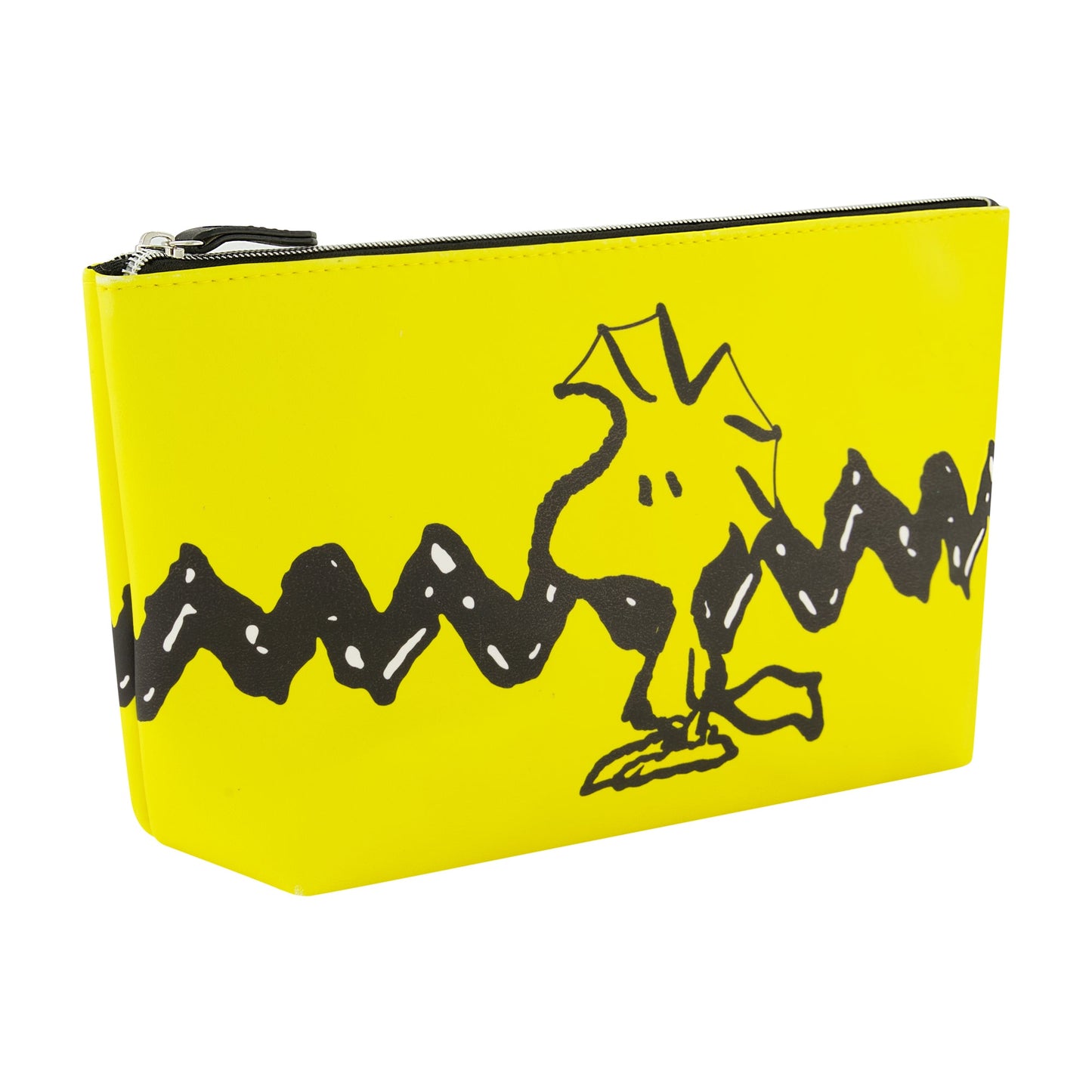 Close up of Woodstock character on the yellow zippered cosmetic bag
