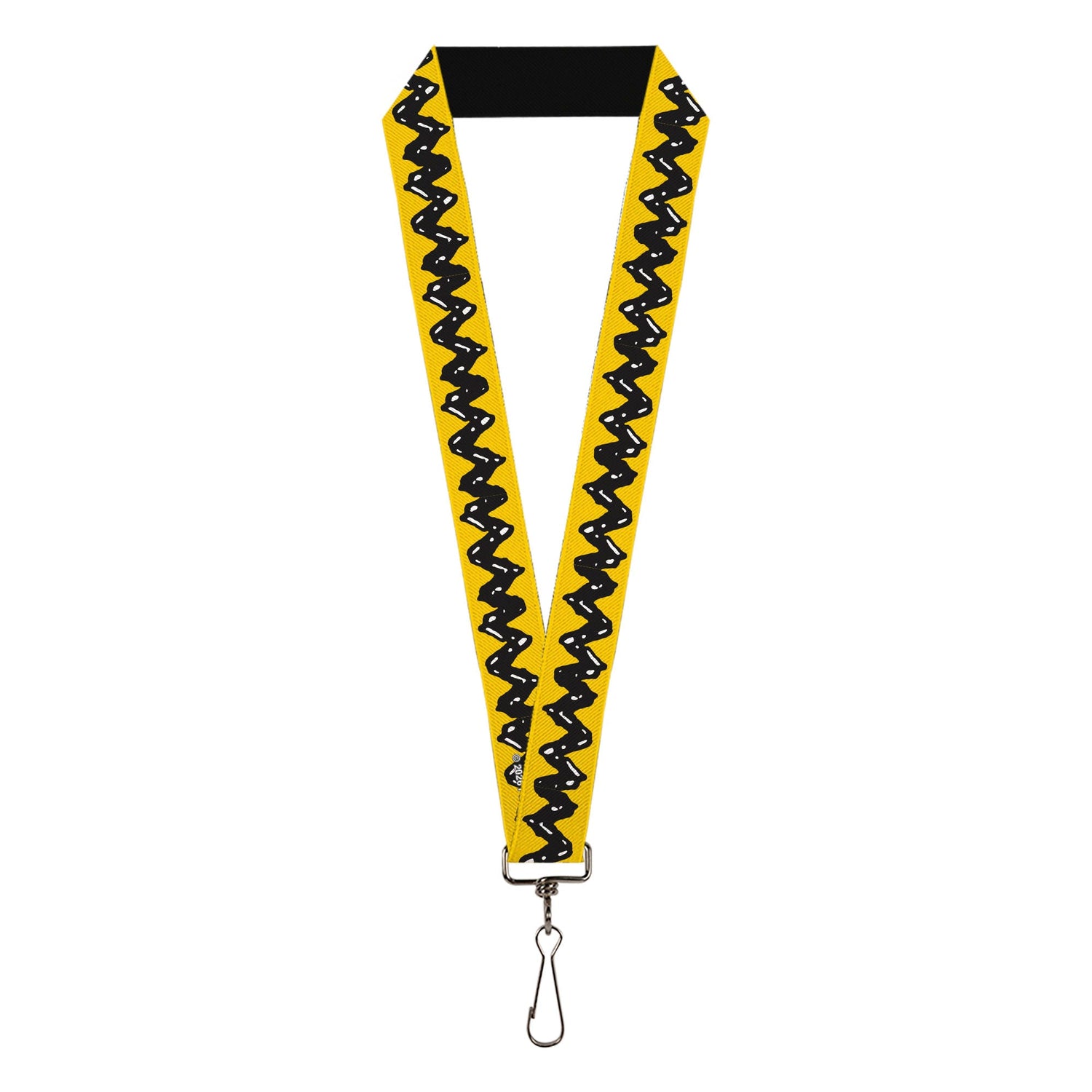 Full view of the yellow and black Charlie Brown zig zag stripe lanyard from Peanuts