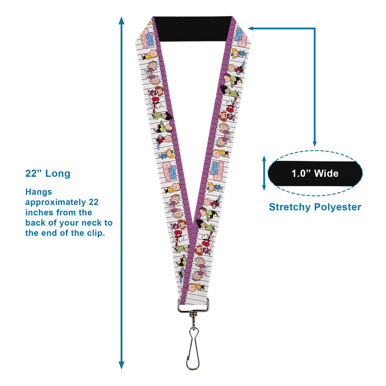 Full view of the 22 inch Peanuts lanyard with metal swivel hook