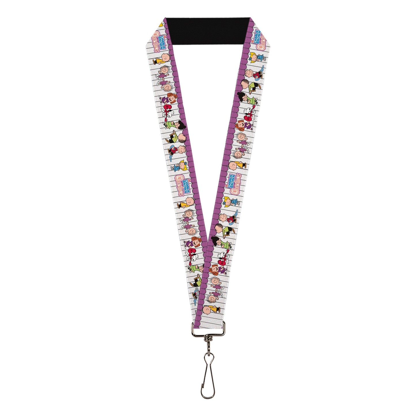 White Peanuts lanyard featuring the dancing gang from A Charlie Brown Christmas