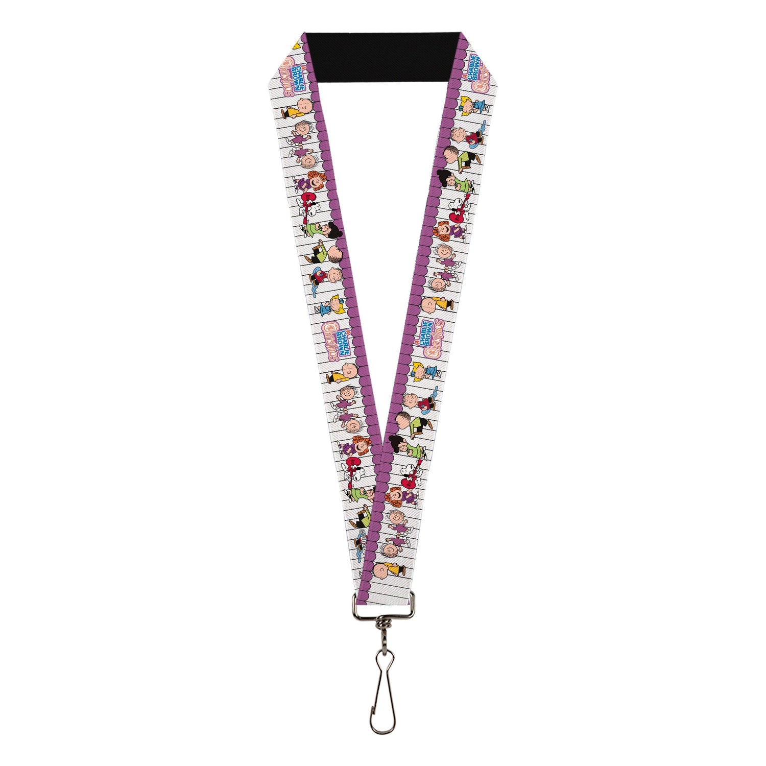 White Peanuts lanyard featuring the dancing gang from A Charlie Brown Christmas