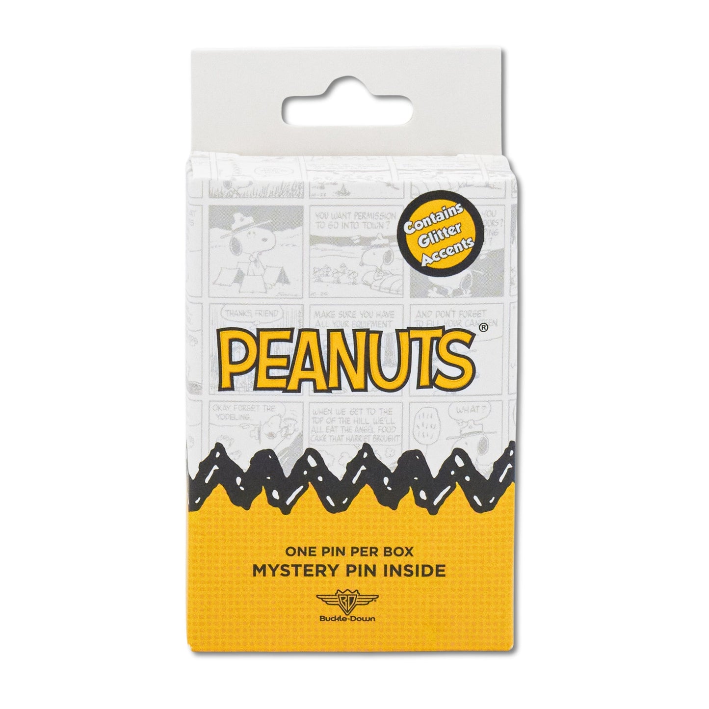 Close-up of a Peanuts hard enamel pin with glitter accents