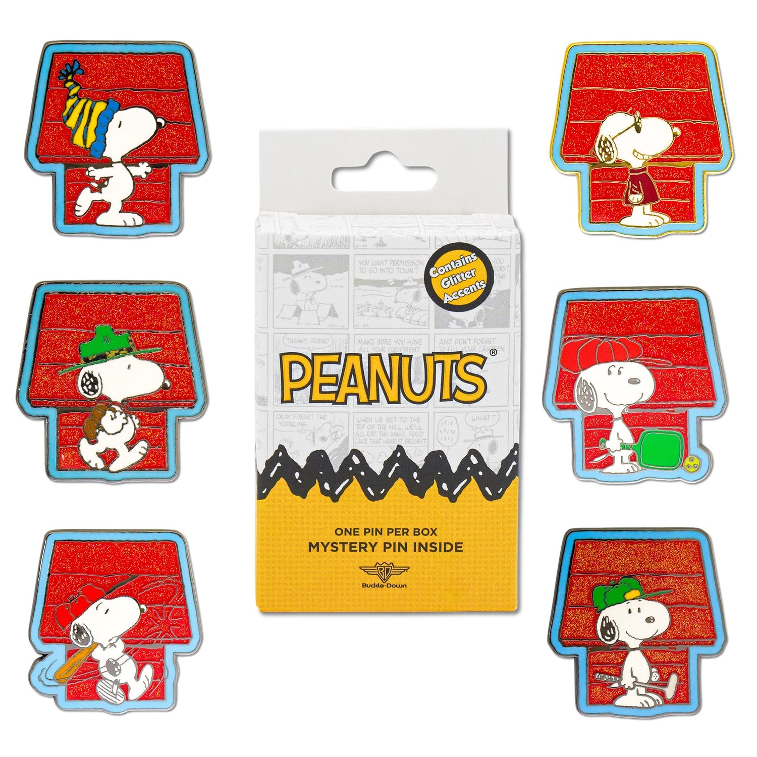 Group of Snoopy mystery pins featuring baseball and golf designs