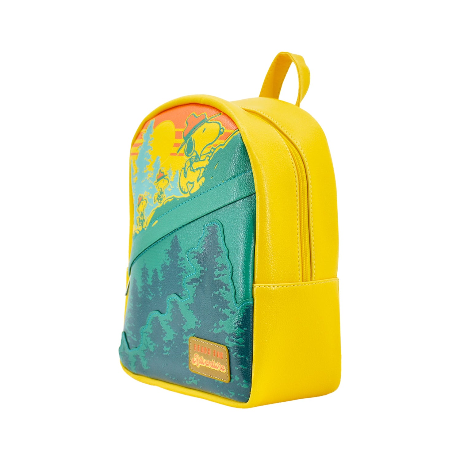 Close-up of the front zipper pocket and the 'Ready For Adventure' character design.