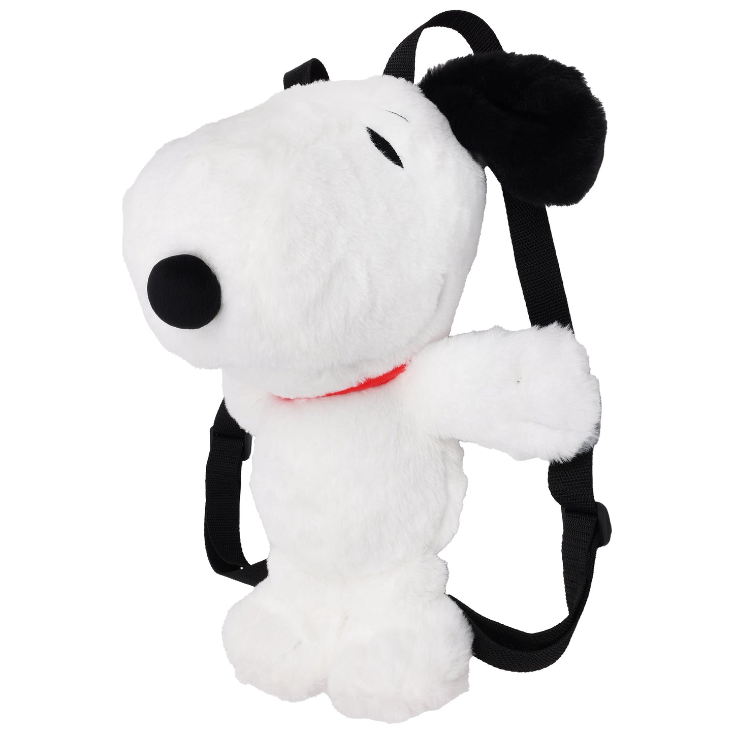 Full-body shot of the 14-inch Peanuts Snoopy Red Collar Plush Backpack. Snoopy, in plush form, is depicted in a sitting pose, ready to be worn.