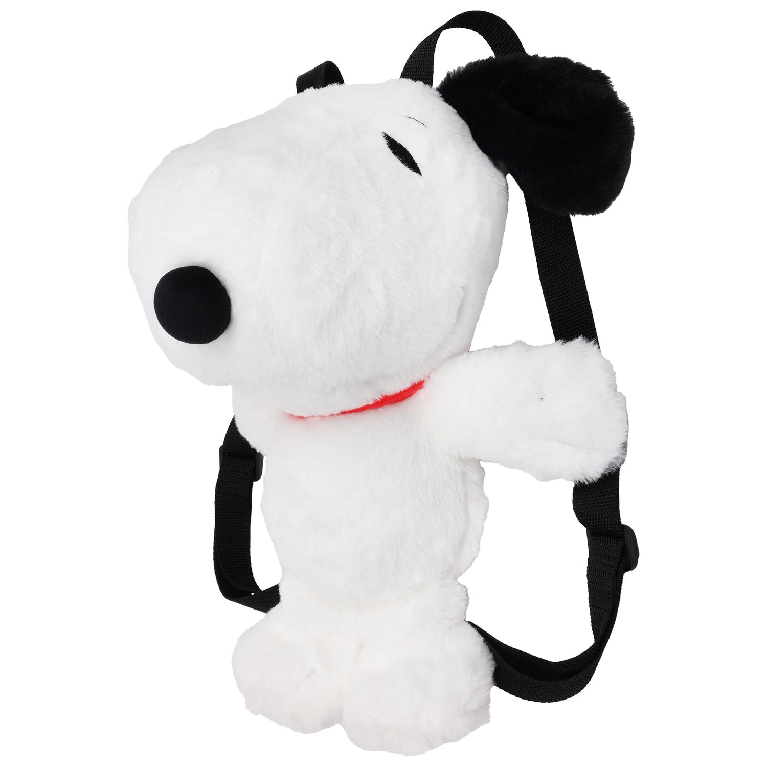 Full-body shot of the 14-inch Peanuts Snoopy Red Collar Plush Backpack. Snoopy, in plush form, is depicted in a sitting pose, ready to be worn.
