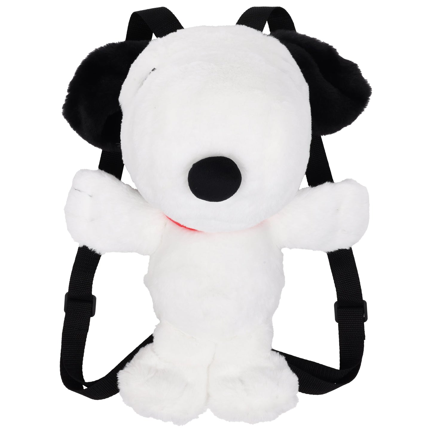 Rear view of the Peanuts Snoopy Red Collar Plush Backpack, clearly showing the zippered storage compartment on Snoopy's back and the adjustable shoulder straps.