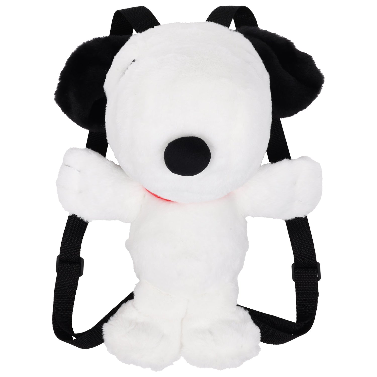Rear view of the Peanuts Snoopy Red Collar Plush Backpack, clearly showing the zippered storage compartment on Snoopy's back and the adjustable shoulder straps.