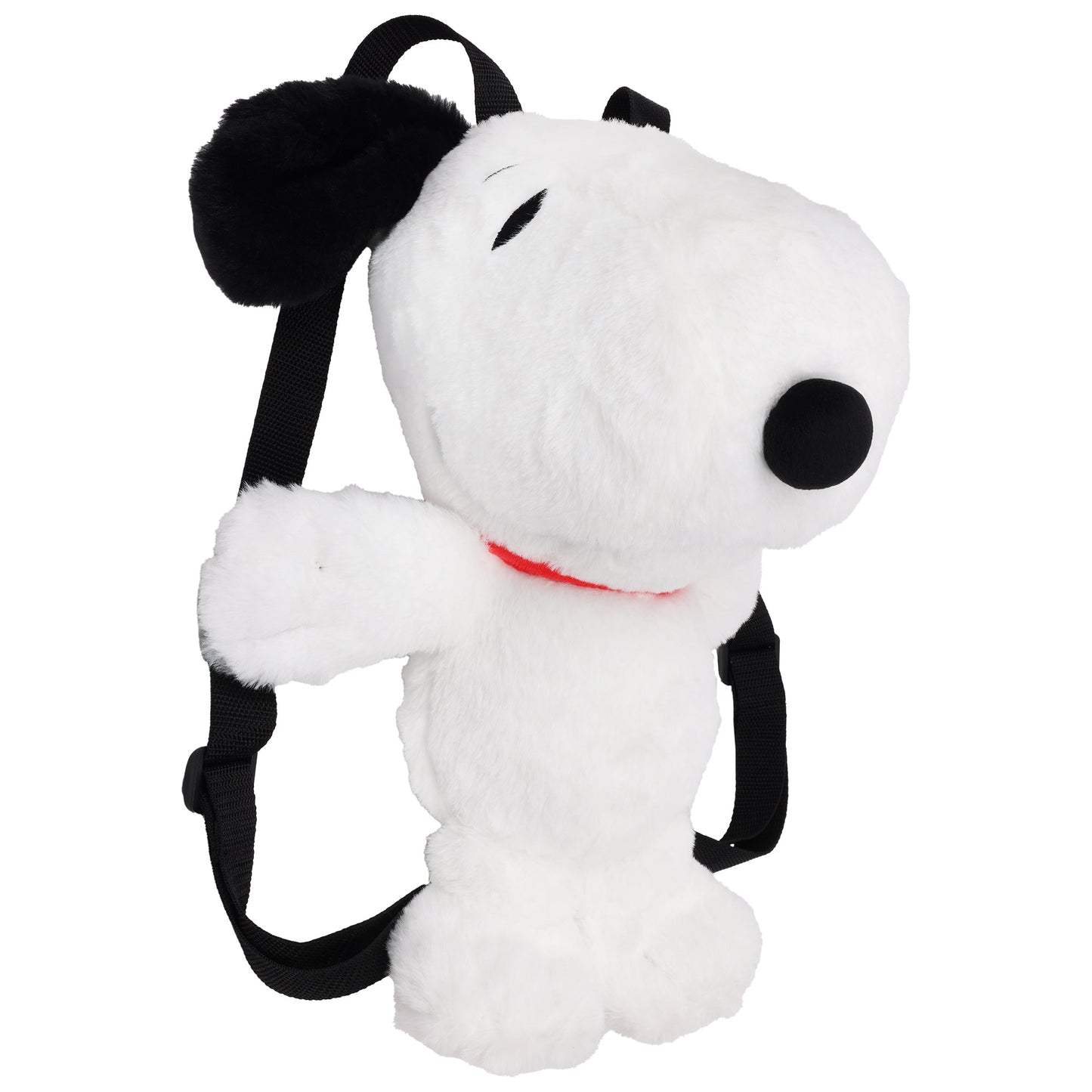 Close-up of Snoopy's head on the Peanuts Plush Backpack, highlighting his embroidered eyes, black nose, and iconic red collar.