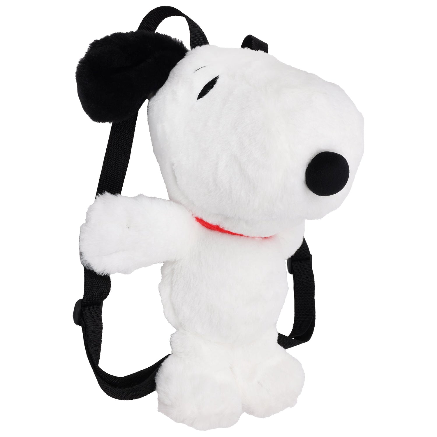 Close-up of Snoopy's head on the Peanuts Plush Backpack, highlighting his embroidered eyes, black nose, and iconic red collar.