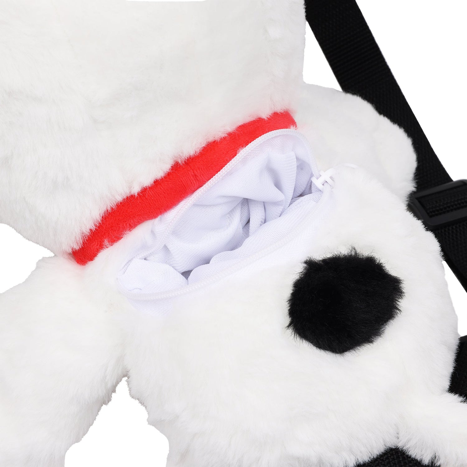 Detail shot of the plush fabric texture and stitching on the Peanuts Snoopy Red Collar Plush Backpack.