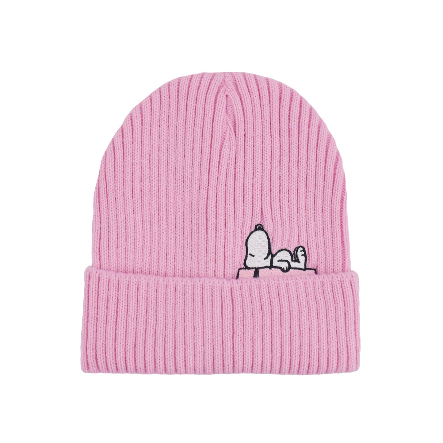 Snoopy lounging on his doghouse with hearts embroidered on a black beanie