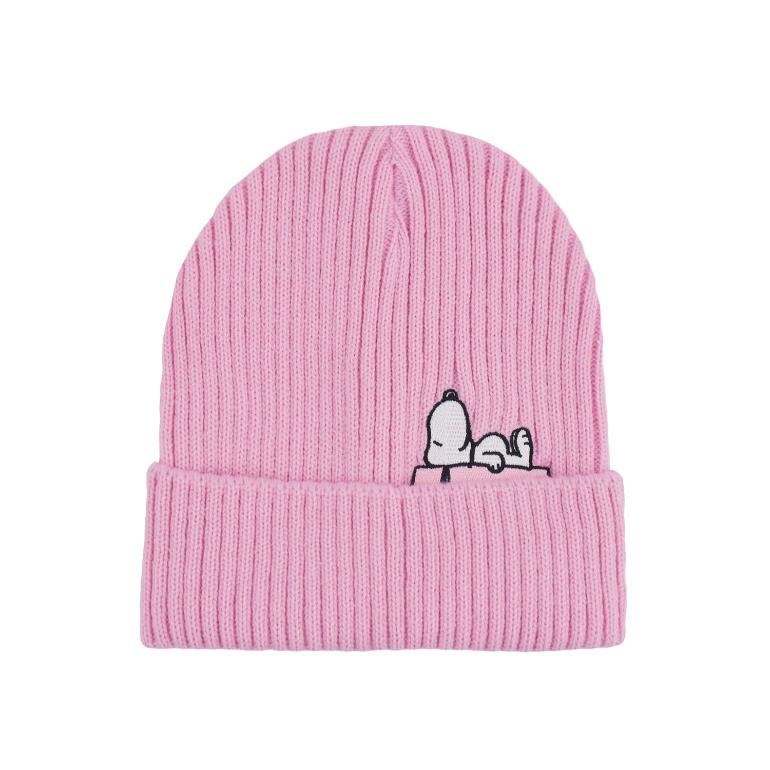 Snoopy lounging on his doghouse with hearts embroidered on a black beanie