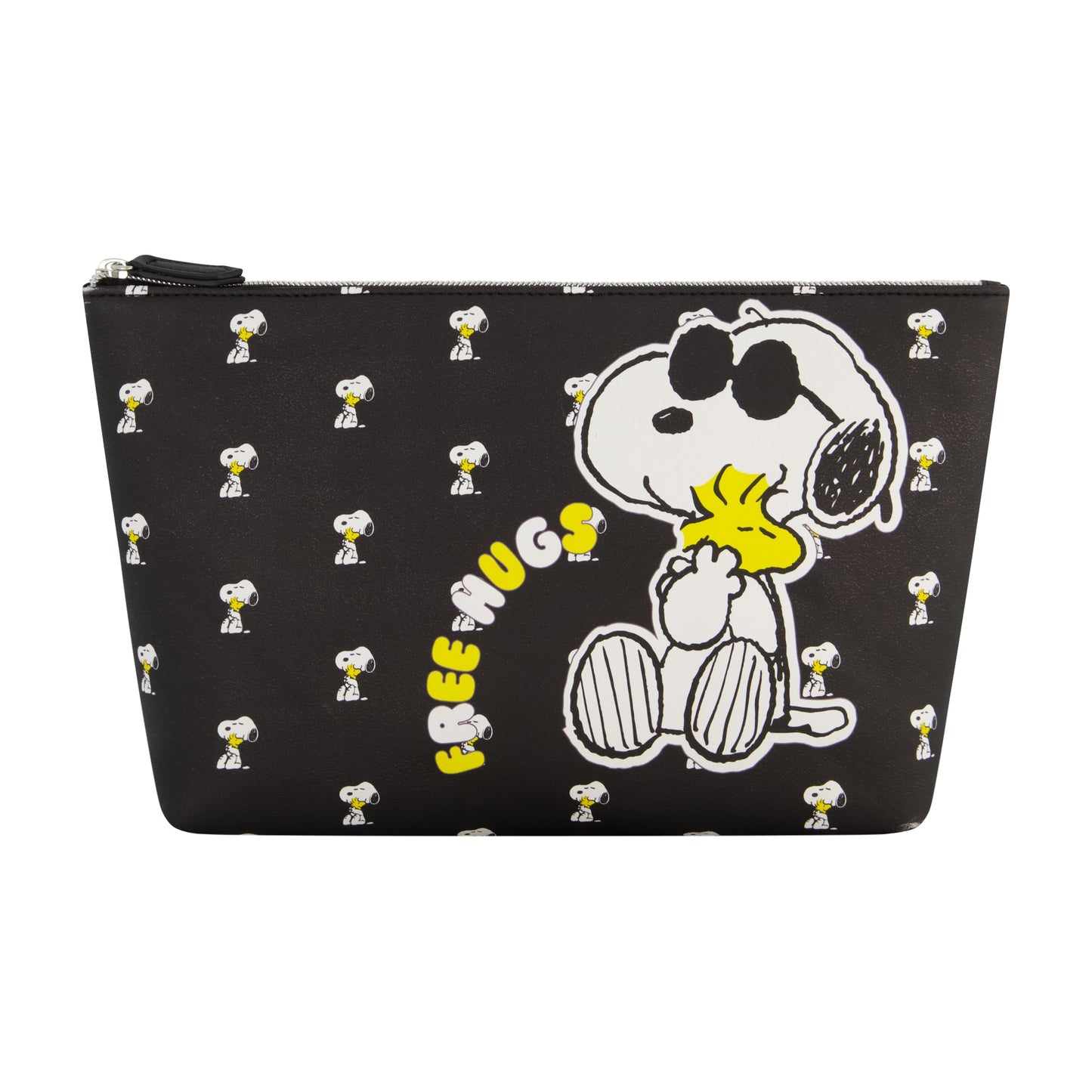 Peanuts Snoopy and Woodstock Free Hugs makeup bag in black