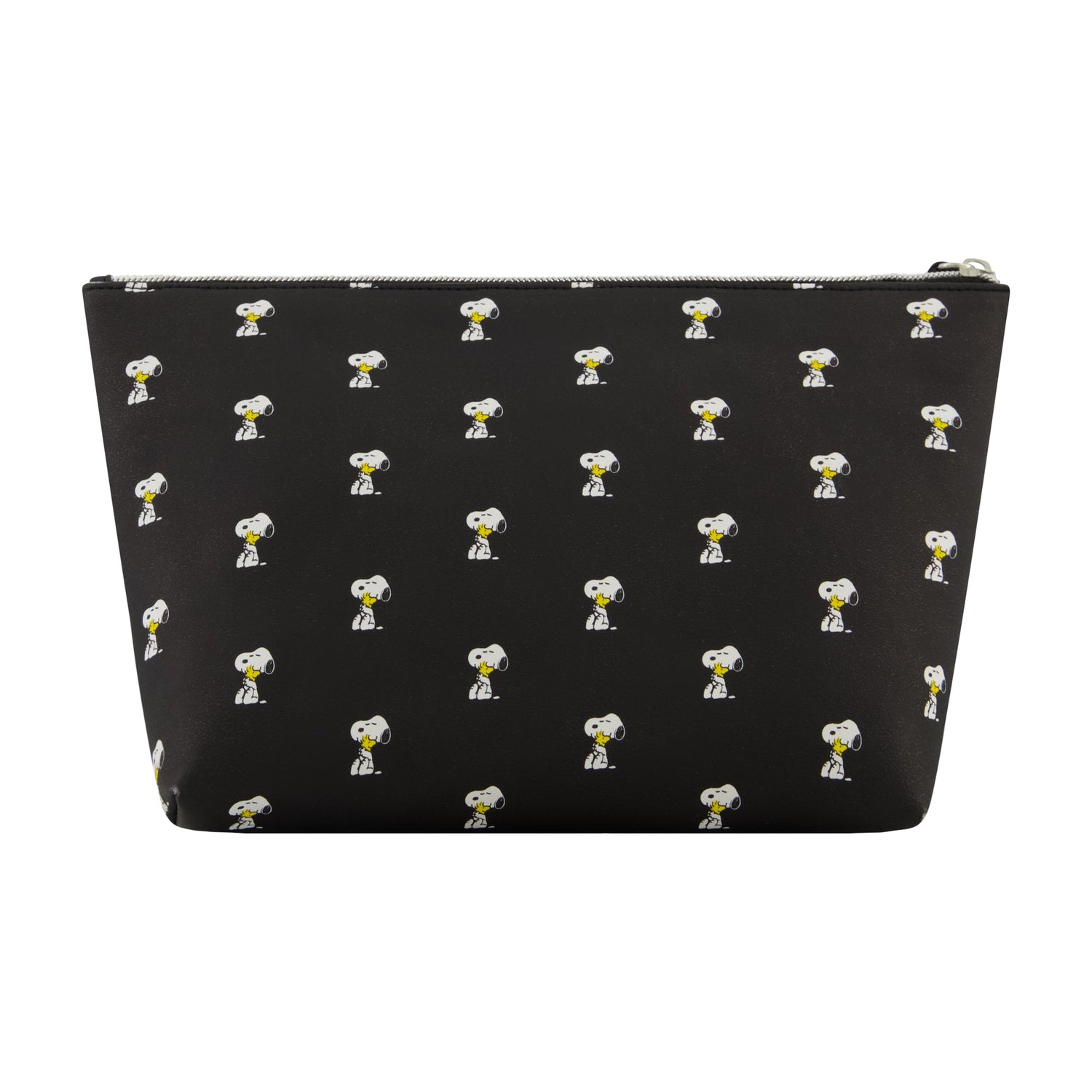 Close up of silver zipper hardware on the Snoopy makeup bag