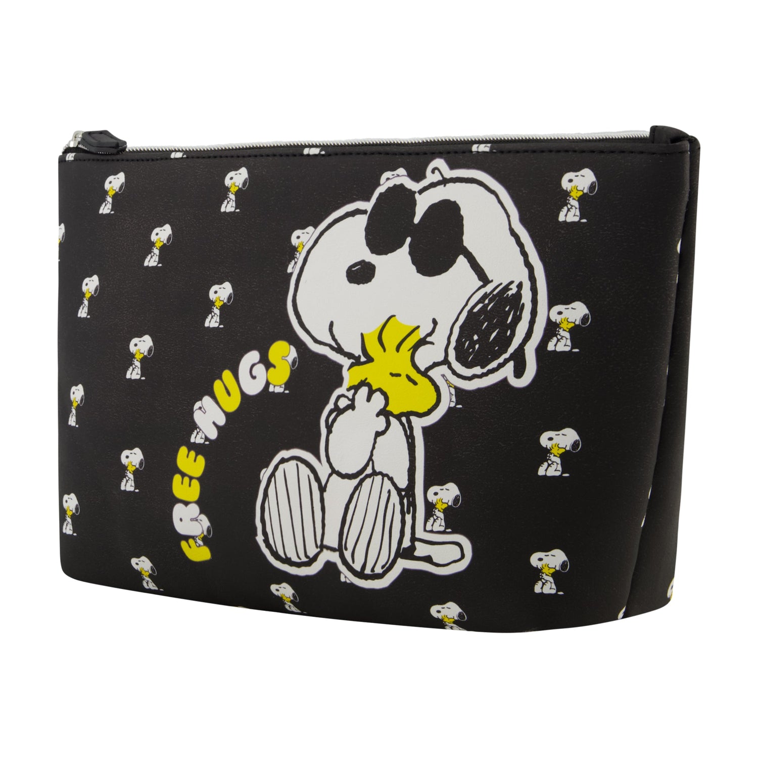 Back view of the black Peanuts makeup bag