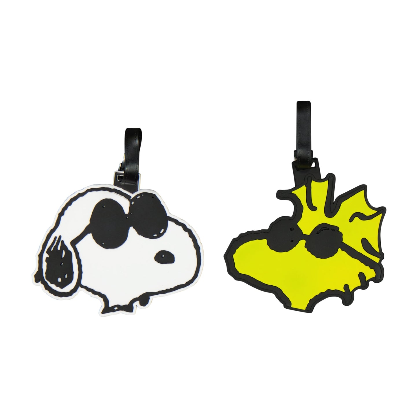 Peanuts Snoopy and Woodstock 2-piece luggage tag set in yellow featuring sunglasses design