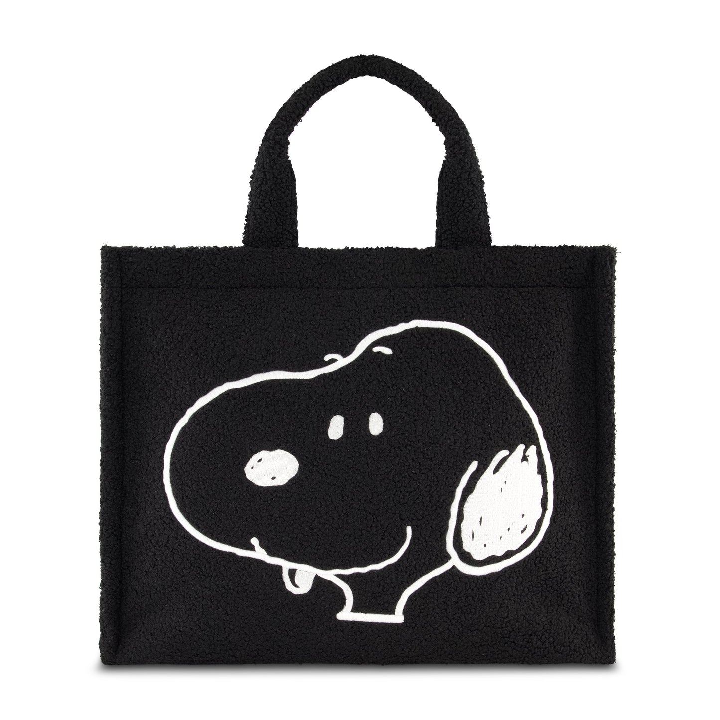 Peanuts Snoopy Black Sherpa Tote Bag showing embroidered Snoopy face