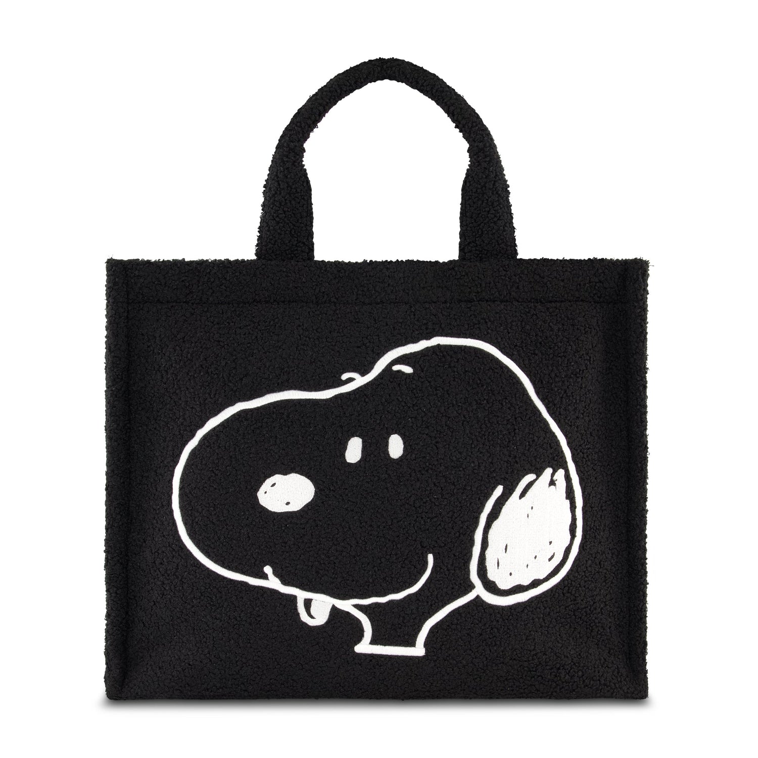 Peanuts Snoopy Black Sherpa Tote Bag showing embroidered Snoopy face